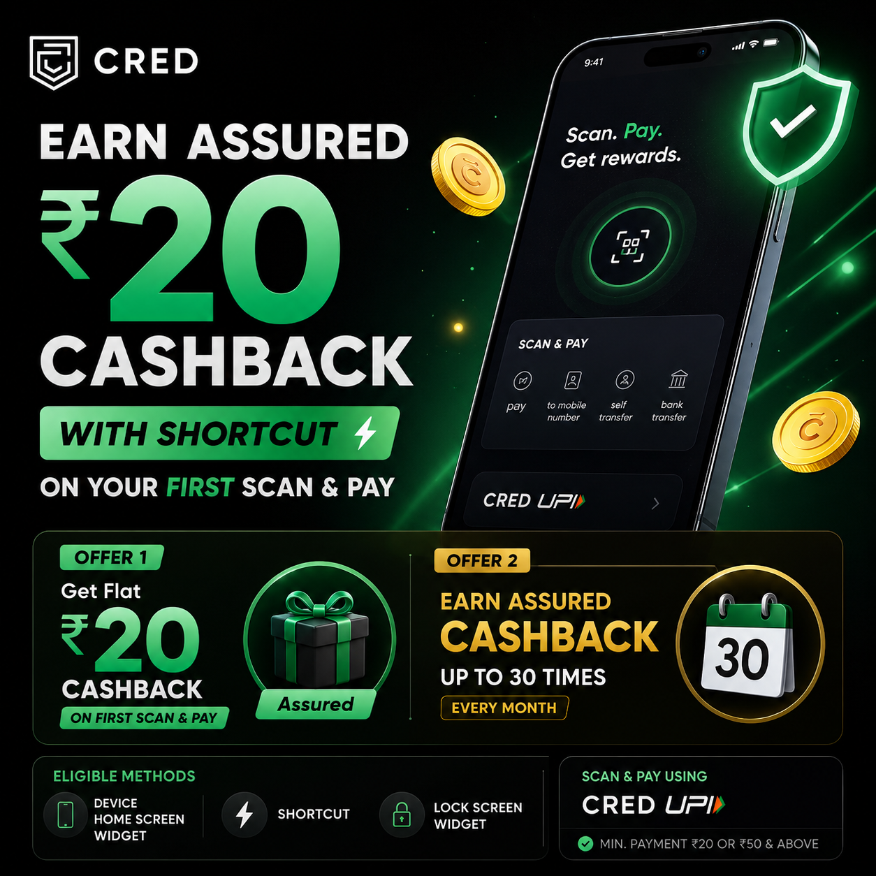 CRED Shortcut Cashback Offer 2026 – Assured ₹20 Cashback
