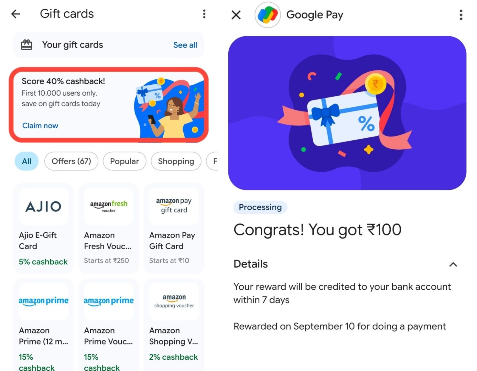 GPay 40% Gift Card Cashback Offer