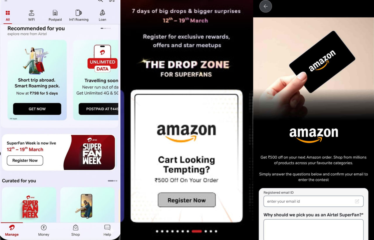 Exclusive Airtel Super Fan Week Offer contest in Airtel Thanks app showing Amazon, Netflix and JioHotstar rewards