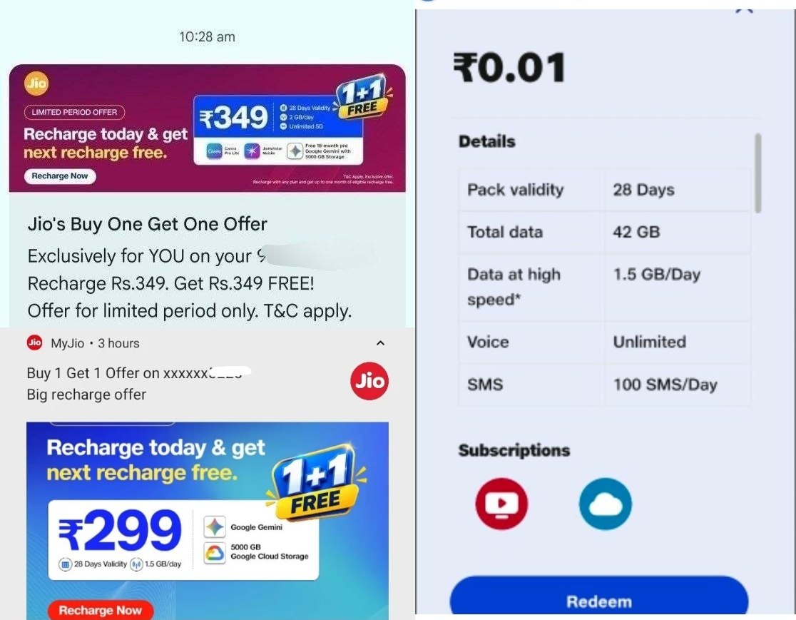 Jio Buy One Get One Recharge Offer