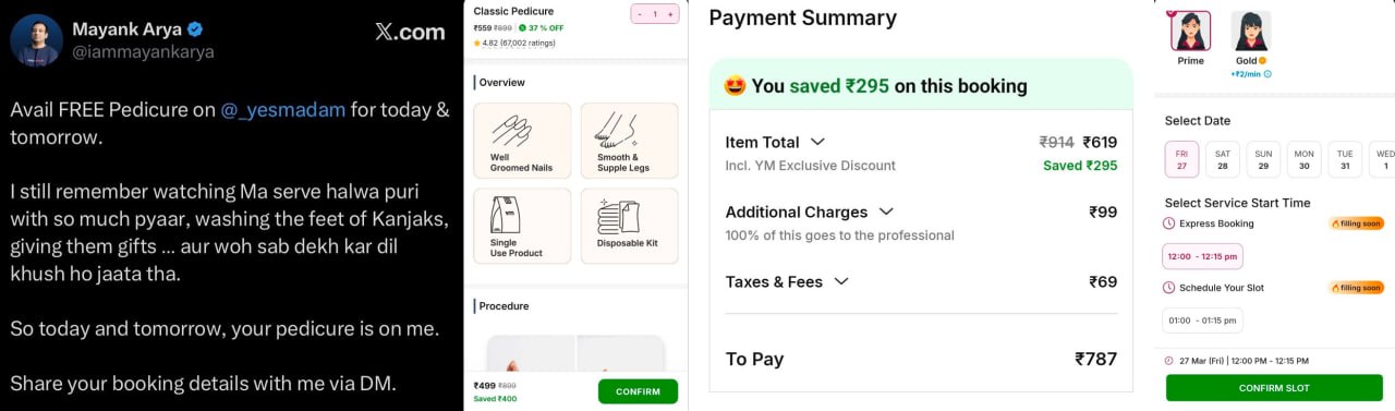 YesMadam Free Pedicure Offer 2026 Navratri cashback deal