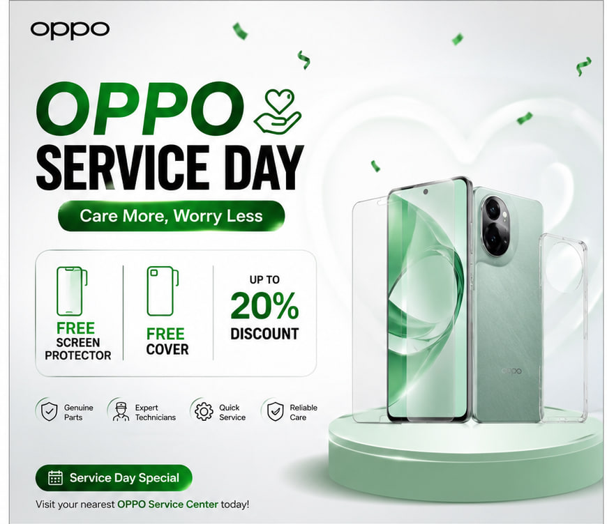 OPPO Service Day Offer with free screen protector, free cover and repair discounts up to 20%.