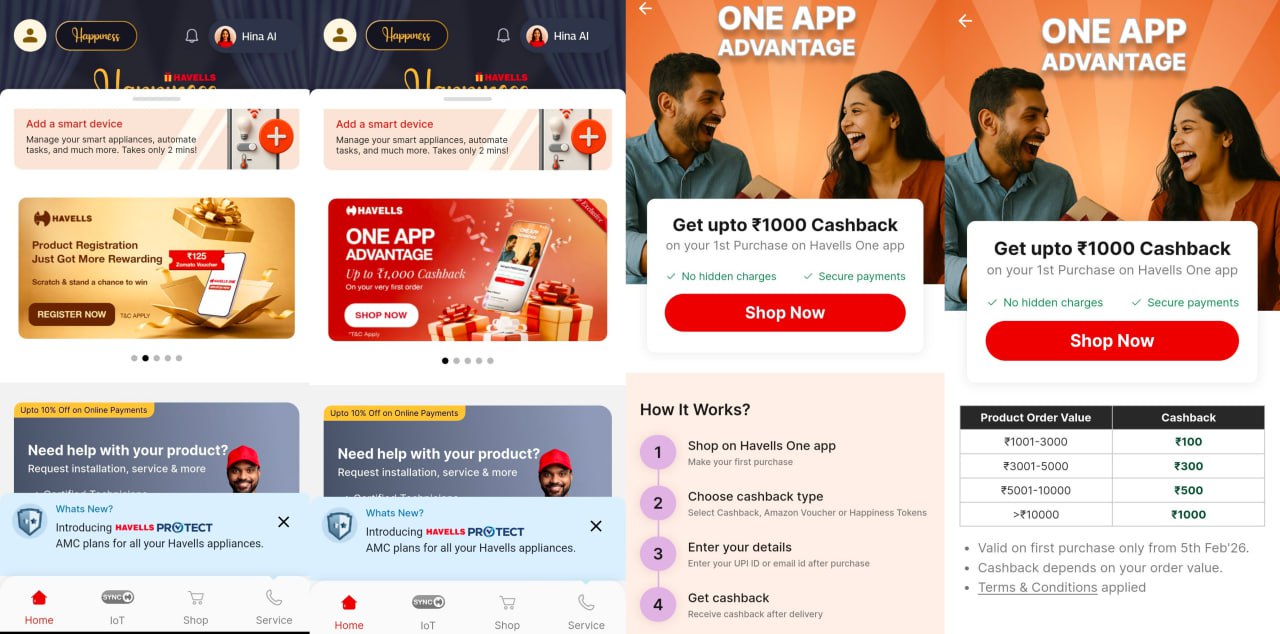 Havells One Cashback Offer get up to ₹1000 cashback on first purchase