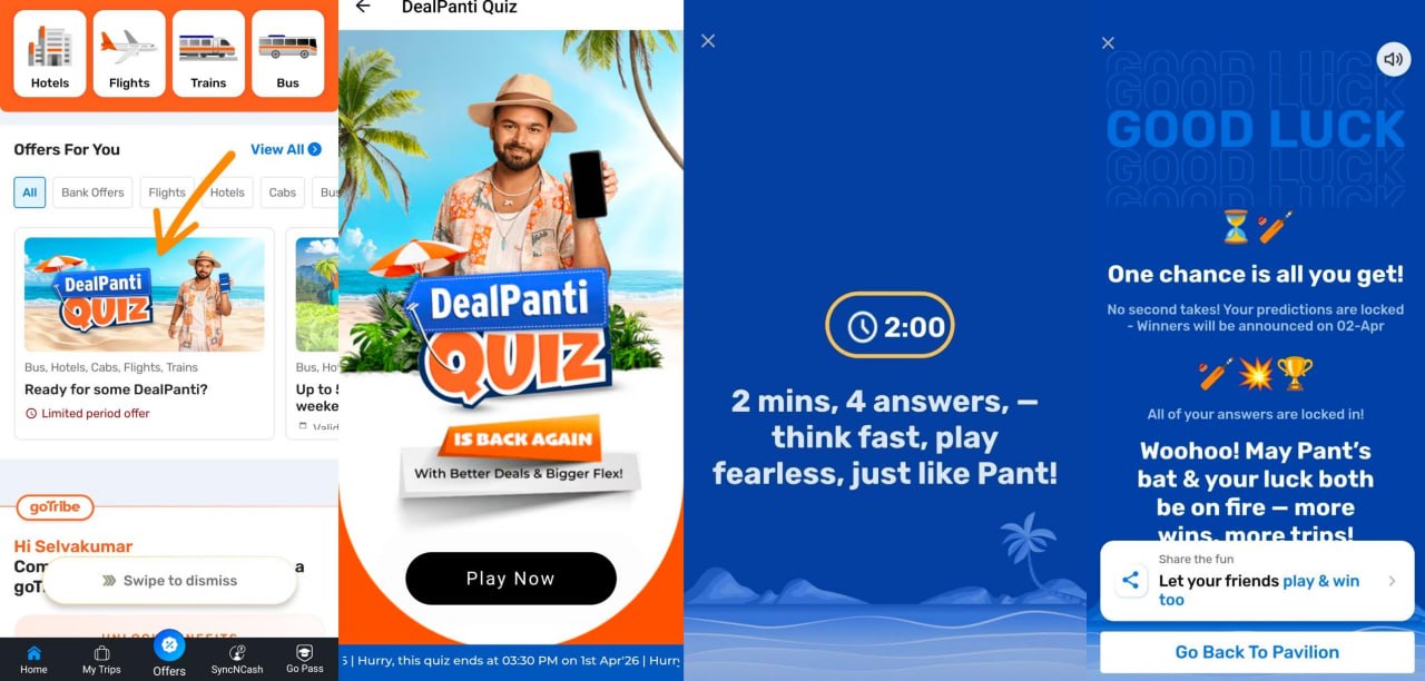 goibibo dealpanti quiz 2026 play now screen