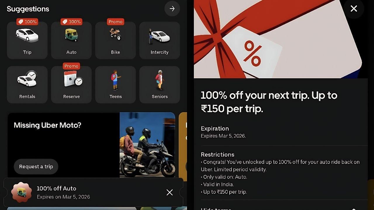 Uber 100% Free Ride Offer Auto ₹150 Discount