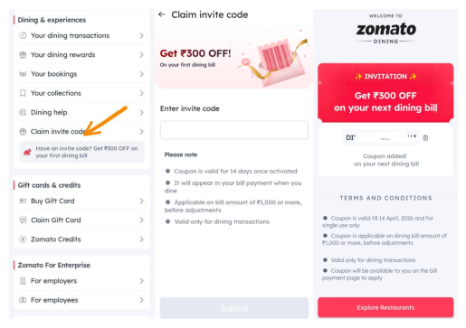 Zomato ₹300 OFF Dining Offer 2026 Invite Code BPK9NMQ
