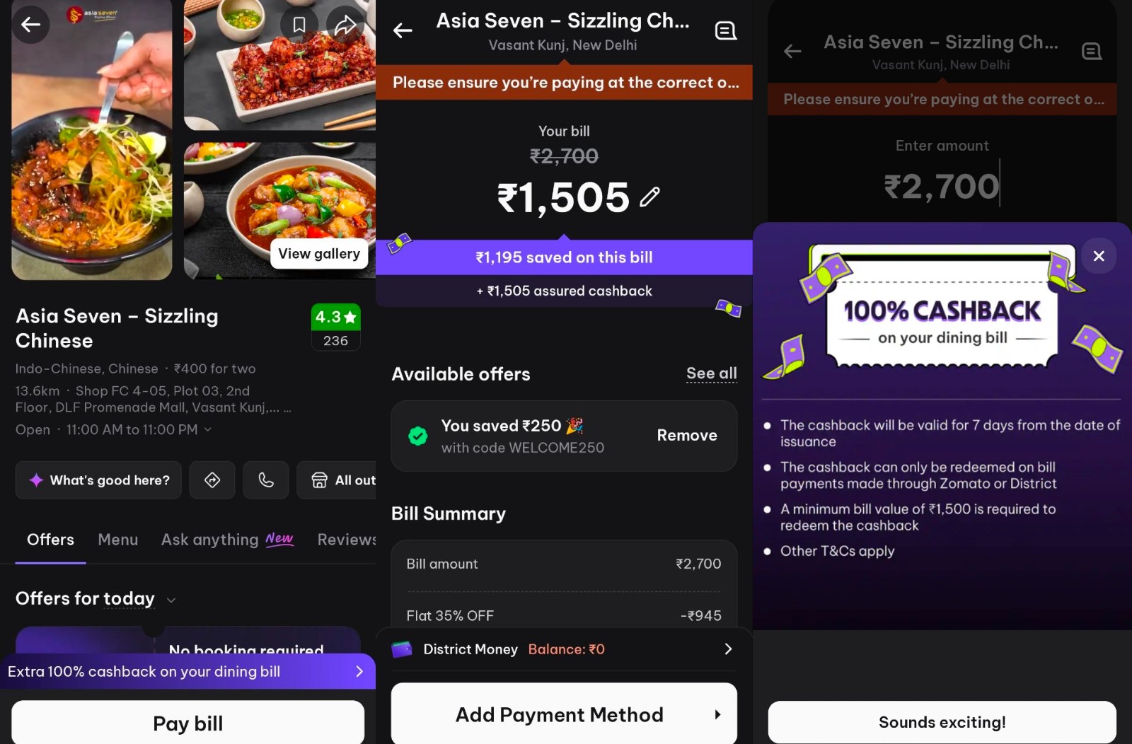 Asia Seven 100% Cashback Offer - Get Full Dining Bill Cashback