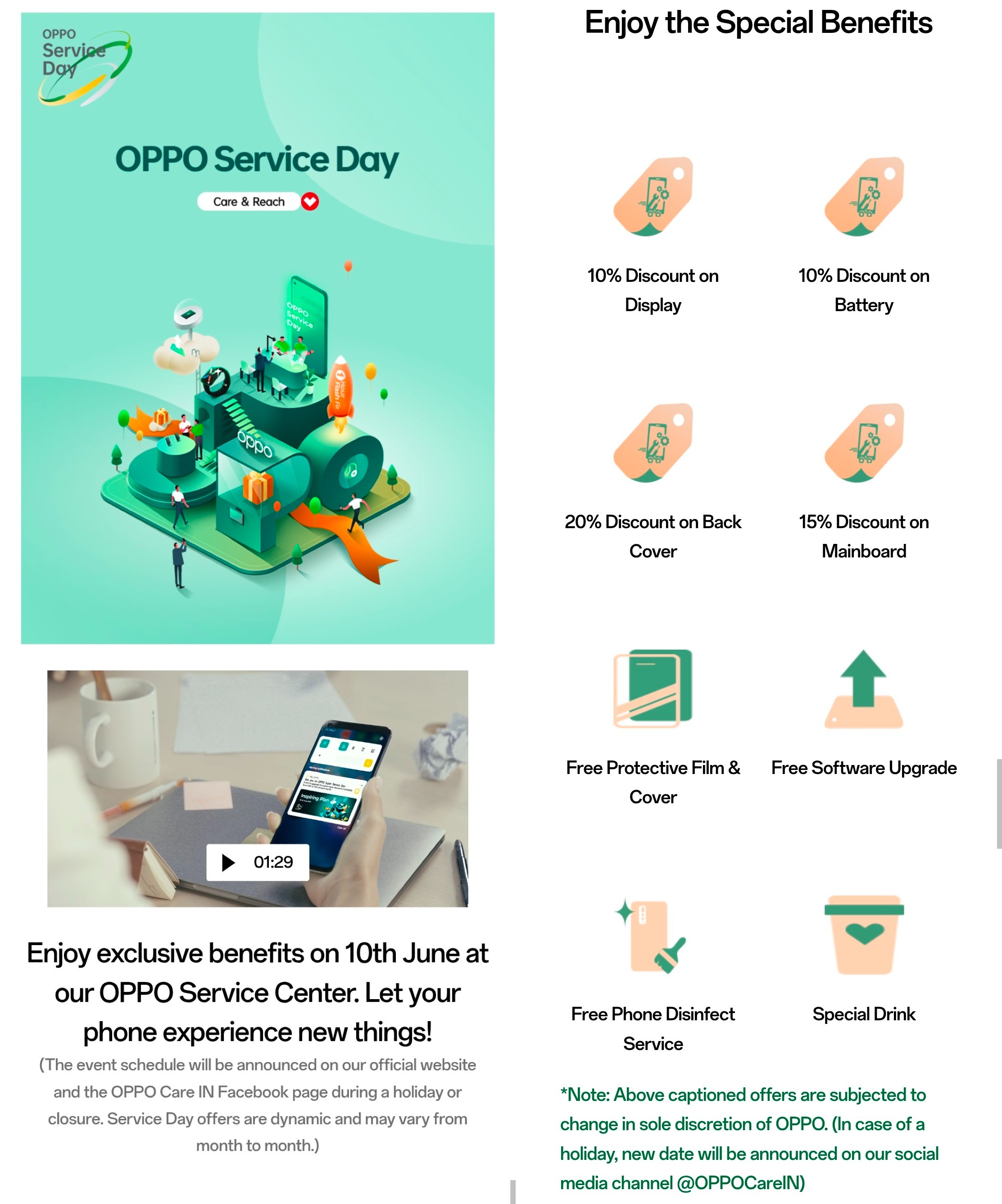OPPO Service Center special day offering free accessories, software upgrade and exclusive repair discounts.