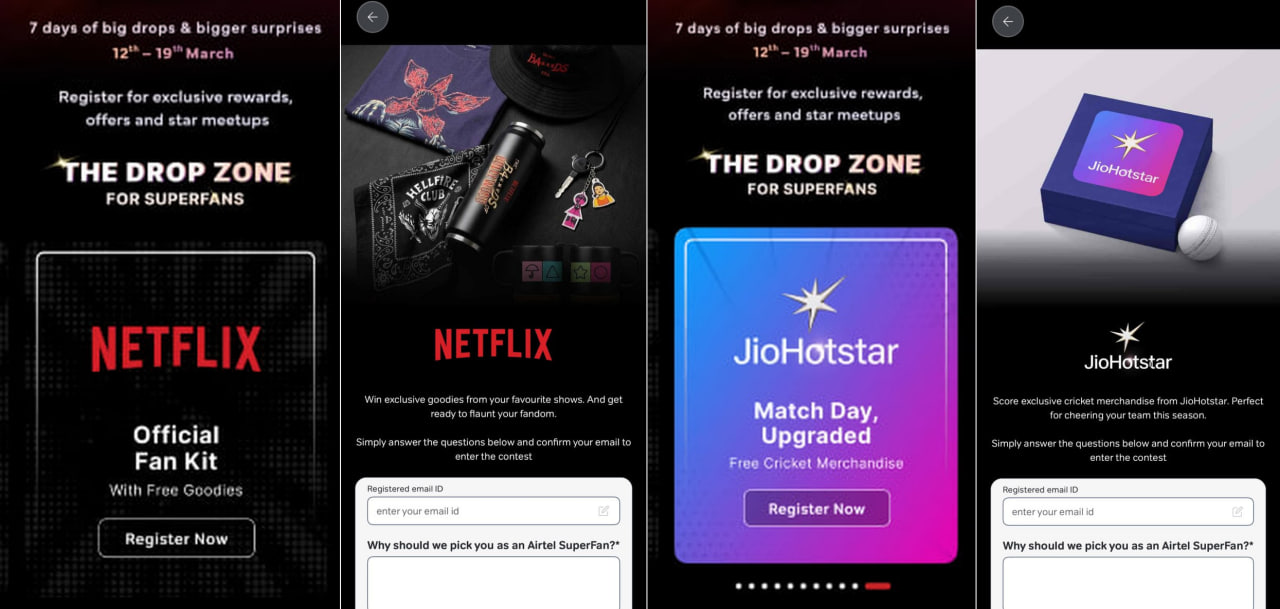 Exclusive Airtel Super Fan Week Offer banner in Airtel Thanks app with Amazon ₹500 voucher and merchandise rewards