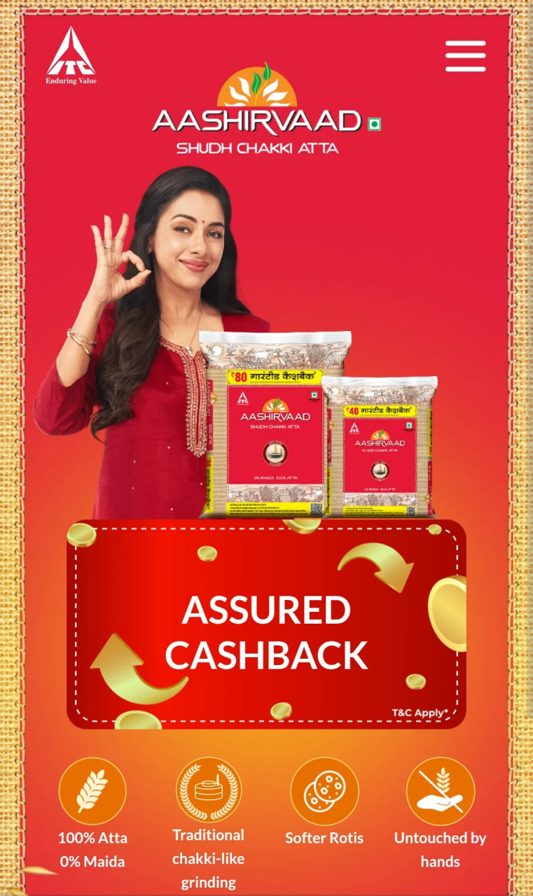 Aashirvaad Atta 10KG Offer ₹80 Cashback Inside Pack