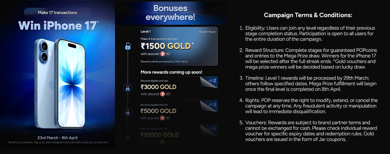 POP UPI App Offer 2026 win iPhone 17 gold voucher rewards