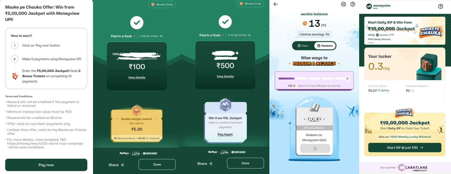 Moneyview Mauke Pe Chauka Offer make 5 UPI payments and win rewards