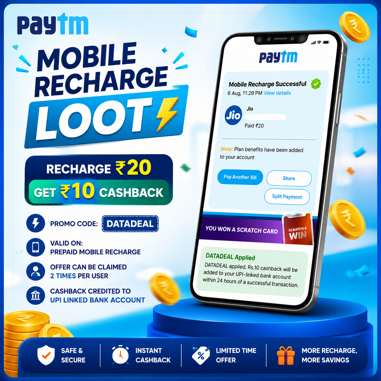 Paytm Mobile Recharge Loot – ₹20 Recharge and ₹10 Cashback