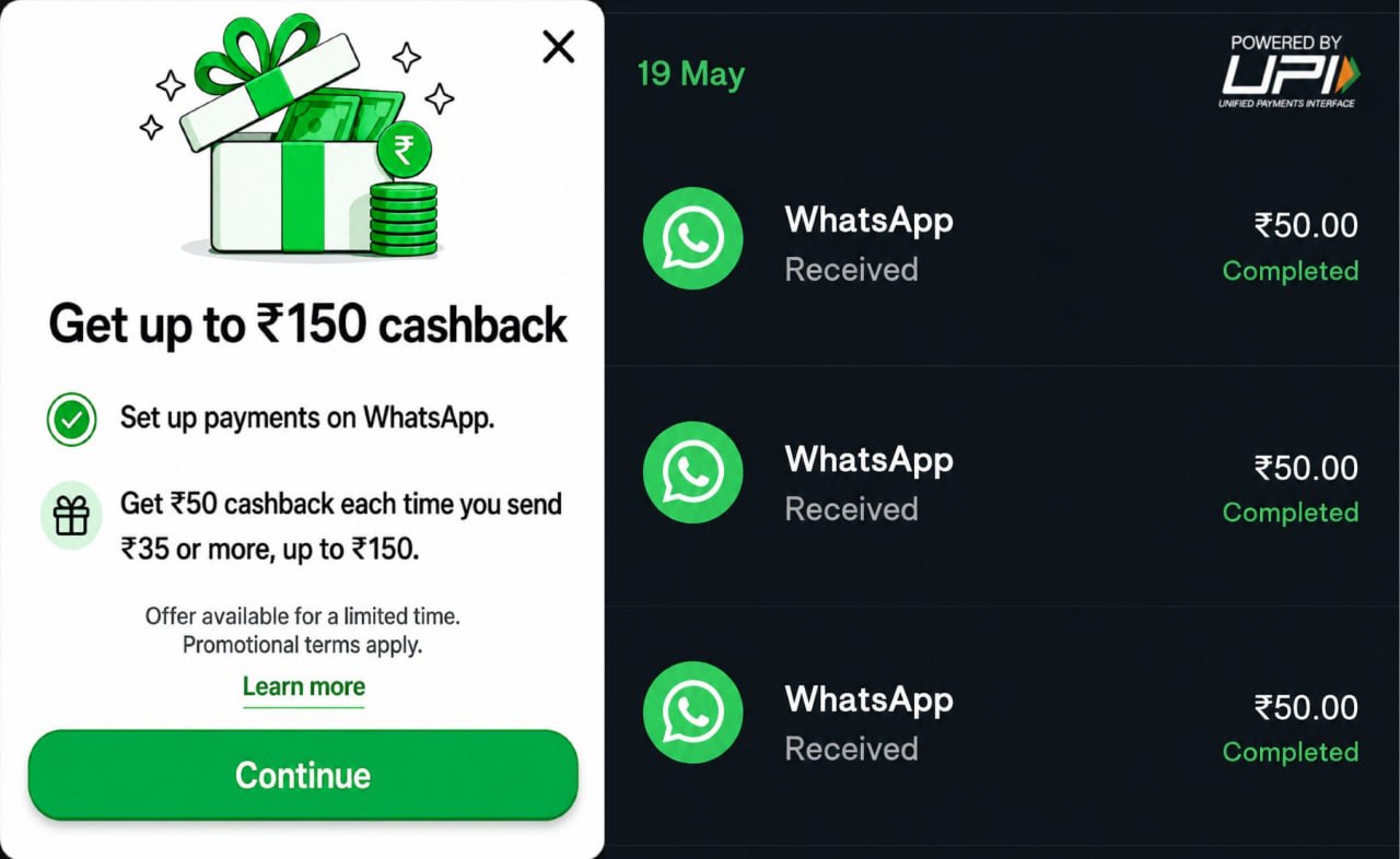 WhatsApp UPI ₹150 Cashback Offer