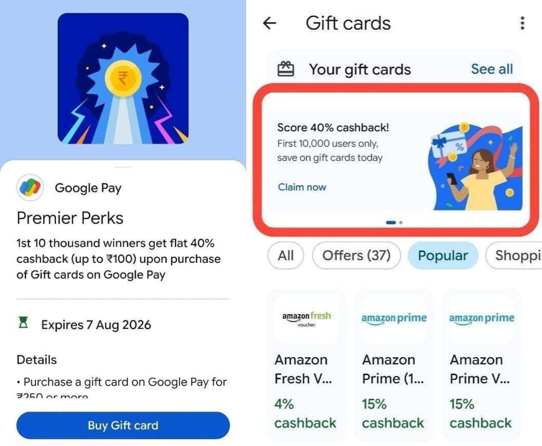 GPay 40% Gift Card Cashback Offer – Get Flat ₹100 Cashback