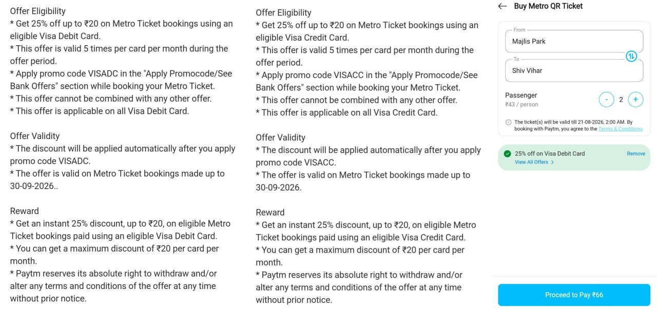 Paytm Metro Ticket Cashback Visa Card Offer