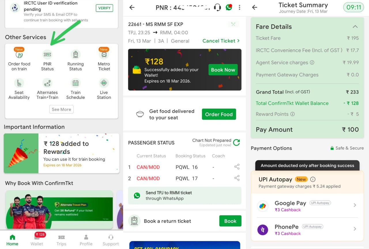 Confirmtkt PNR search ₹128 wallet balance offer screenshot