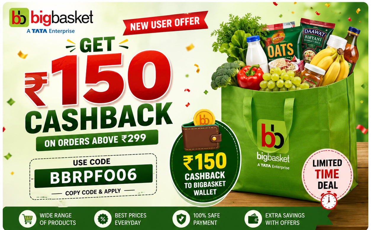 BigBasket Free Shopping Offer and Grocery Cashback Deal on First Order.