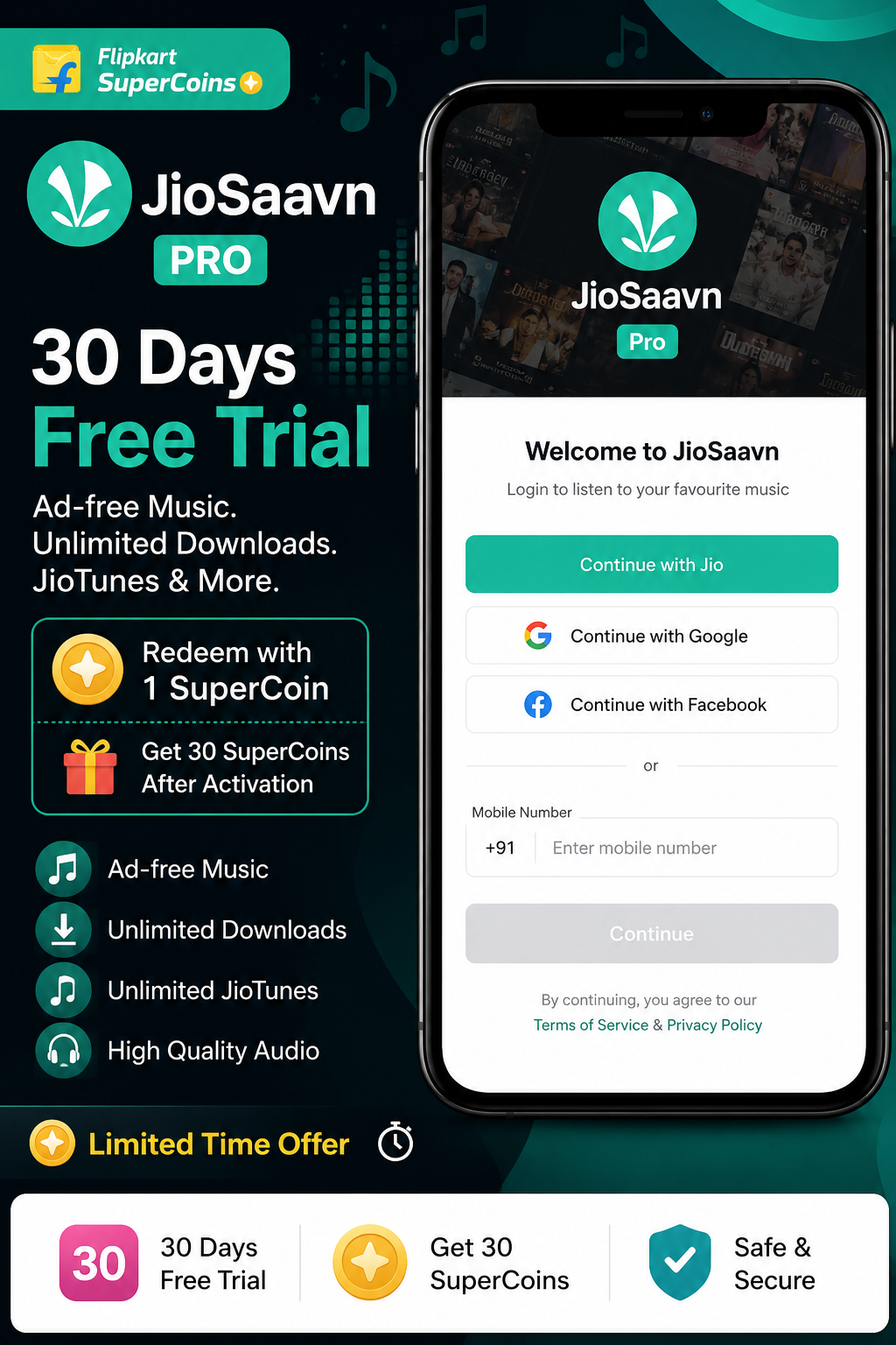 Flipkart JioSaavn Pro Offer 30 SuperCoins Free Subscription