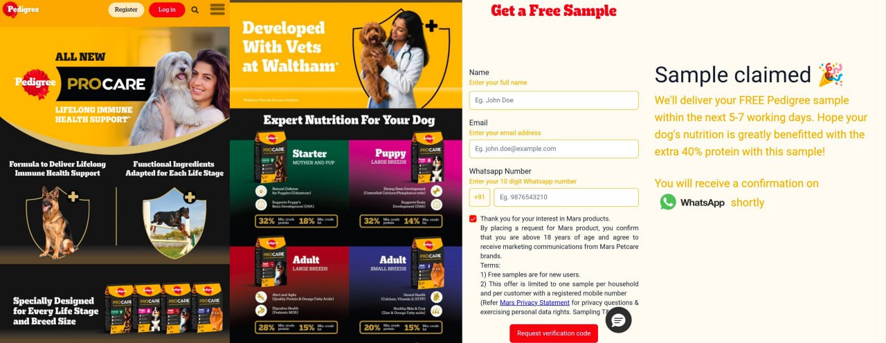 Pedigree free dog food sample 2026 ProCare offer screenshot