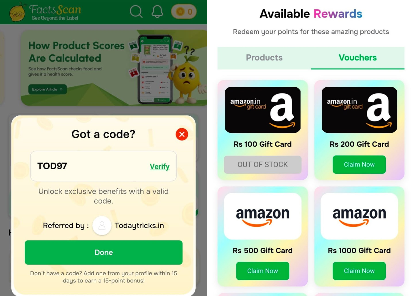 FactsScan app earning trick Amazon gift card referral method