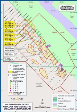 Figure 2: Mulgabbie North AC drill collar plan with Max Au g/t AC 1m and composite intervals