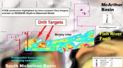 Figure 2 Highest priority drill targets are VTEM conductors, defined as strong features in time-constant (Tau) imagery