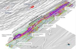 Figure 2. 3D view illustrating AEM conductivity depth sections on derivative magnetic image
