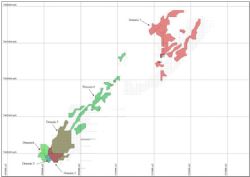 Figure 4: Mineralised Domains relative to drill hole collars.
