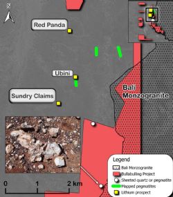 Figure 1: Sheeted quartz veins or pegmatite locations associated with the prospective Bali Monzogranite