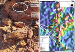 Figure 5: Picture on left is pillow basalt and pepperite textures mapped throughout the Juggernaut Target area