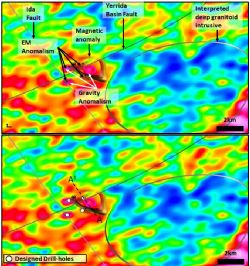 Figure 2: Airborne gravity gradiometry data, overlain with electromagnetic anomalies