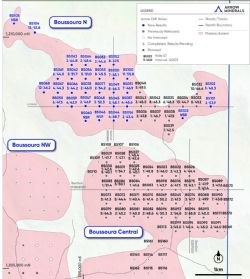 Figure 2. Boussoura prospect location map with analytical results reported as significant