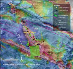 Figure 1. Plan view of drillhole locations on high resolution magnetics map (RTP)