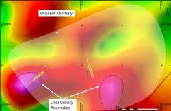 Figure 2: Completed diamond drill-holes at the Oval Target (in gold), overlaid on airborne gravity gradiometry data