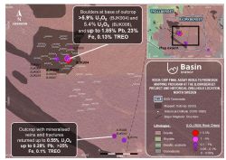 Figure 4: Map showing Bjork samples including final results of uranium re-analysis