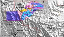 Figure 1; Plan view of the 3D geological model (coloured area) constructed from surface geology mappin