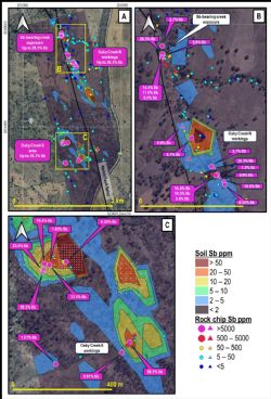 Figure 2: antimony rock chip analyses for the Oaky Creek prospect