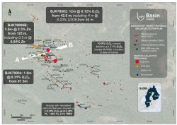 Figure 2: Drill hole location map displaying verified uranium assays results at Bjork