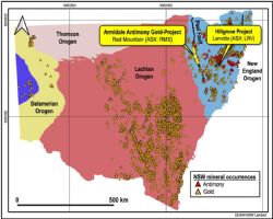 Figure 5: Known NSW gold and antimony mineral occurrences relative to basement orogenic units