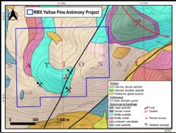 Figure 3: Surface geology and recorded historical workings within RMXs Yellow Pine Antimony Project