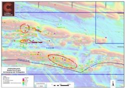 Figure 2. Anomalous Au, Cu, and As soil sample and magnetics