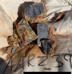 Figure 3: Sample of oxidised massive stibnite float (AAR239)