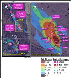 Figure 4: (Left) Summary of antimony rock chip and soil results for the Oaky Creek prospect