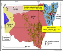 Figure 7: Known NSW gold and antimony mineral occurrences relative to basement orogenic units