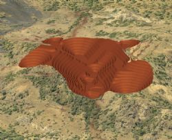 Ngualla 25 year pit shell and aerial photograph draped on topography, looking northeast