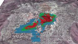 Revised 2013 Ngualla Mineral Resource block model coloured by REO % grade and drilling on a satellite image draped over topography