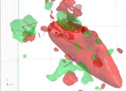 Results of 3D-IP showing resistivity high (red) and chargeability high (green) 