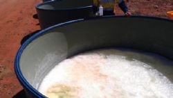 Figure 2. Recent picture at Karinga highlights the amount of salt and potassic-rich bittern remaining after months of evaporation in a single tank.