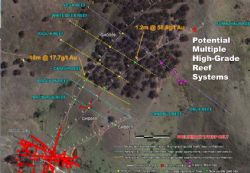 Current drill hole plan with preliminary interpretation of reef structures